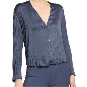 Vince Crushed Satin L/S V-Neck Blouse Small